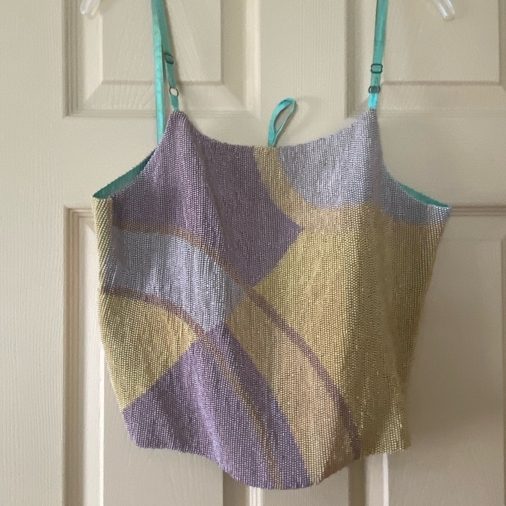 Cynthia Steffe Vintage silk fully beaded halter top, Purple, Green, Yellow, LG
